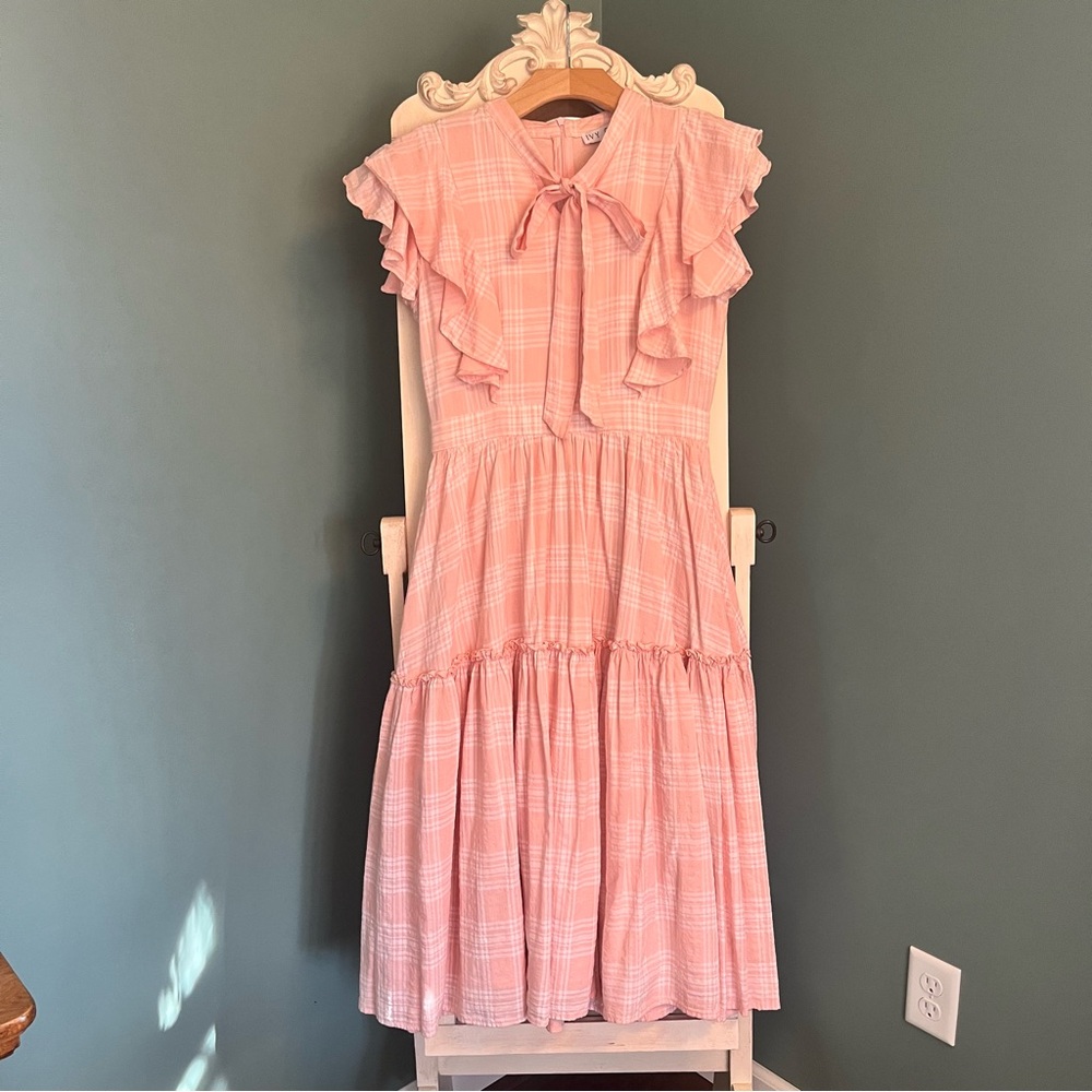 Ivy City Co Pink Ruffle Midi Dress